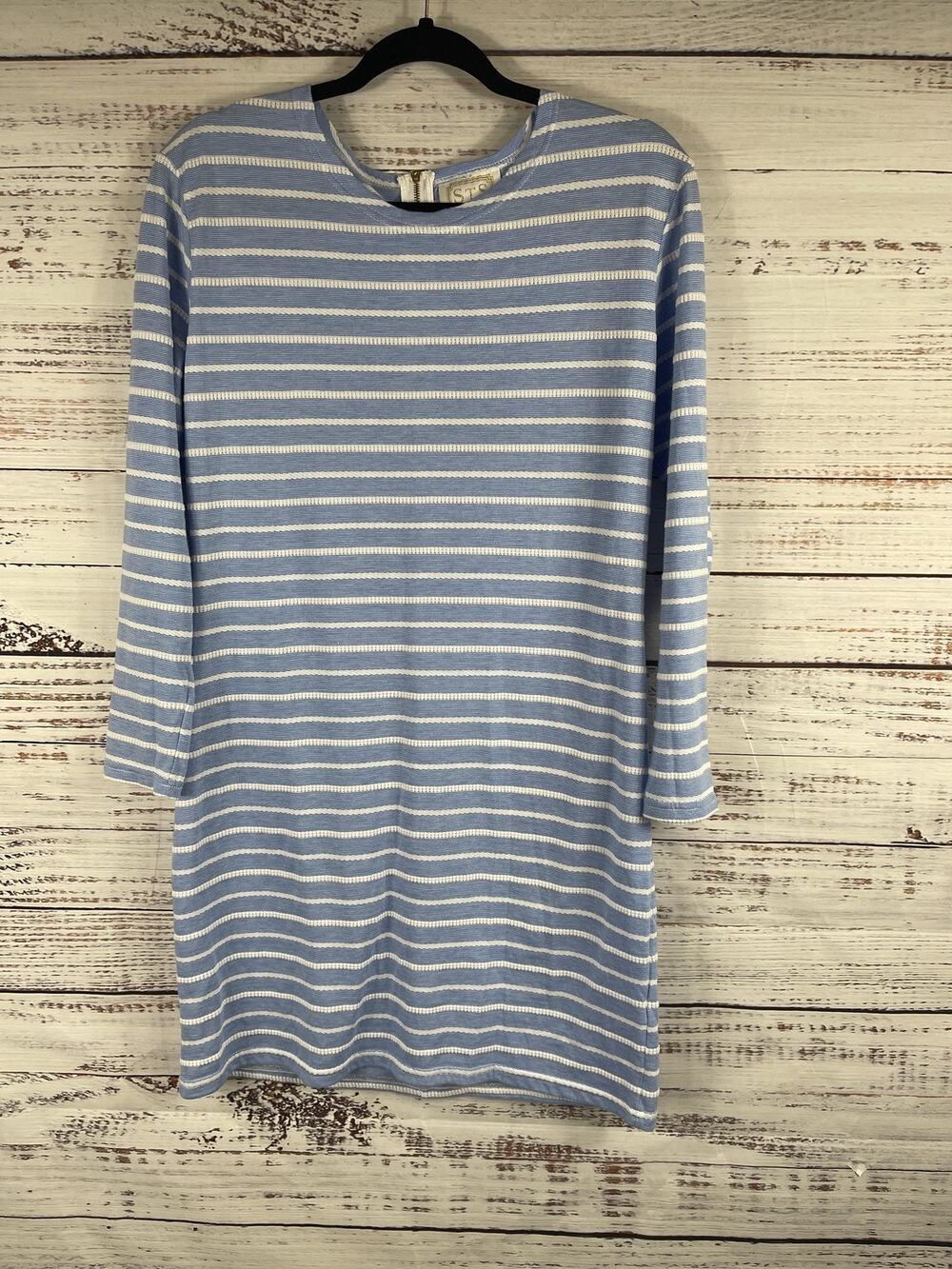 STS Sail to Sable Dress Women's Size M Blue Striped Shift Back Zip 3/4 Sleeve